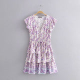 2025 Cotton Purple Print Short-Sleeved Leaf Sleeve Dress 9982 HZ1208