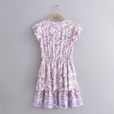 2025 Cotton Purple Print Short-Sleeved Leaf Sleeve Dress 9982 HZ1208