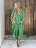 2025 Explosion. Women's Casual Cotton Set Long-Sleeved Round Collar Trousers Casual Set HZ1208