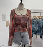 Millennial Babes Tie-Dye Net Yarn Sunscreen Cardigan Two Sets Of Sling Vest + Long-Sleeved Shirt Top 8056 HZ1208