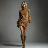 2025 High-End Women's Retro Collar Imitation Leather Short Dress Autumn And Winter New Long-Sleeved Short Dress HZ1208