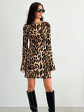 Women's Clothing 2025 Spring High-Rise Round-Neck Long-Sleeved Dress Personality Street Leopard Skirt Fashion HZ1208