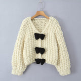 French Bow Sweater Cardigan Jacket Languid Short Heavyweight Knitted Jersey Woman HZ1208