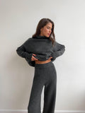 2025 High-Neck Open Fork Wool Sweater Set Women's Loose Casual Lazy Knitting Trousers Two-Piece HZ1208