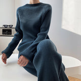 Autumn And Winter Solid Color Round Collar Open Fork Sweater Set Women's Loose Knitting Tops Broad Leg Pants Two Sets HZ1208