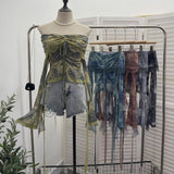 Small-Sized Old-Fashioned Green Shoulder Horn Sleeve Blouse Dye Net Yarn Lace Draw Rope Short T-Shirt 8010 HZ1208