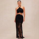 2025 Summer Women's New Hollow Open Waist Design Hanging Neck Knitted Tuxedry Dress Romantic Sweet Wind HZ1208