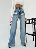 2025 New Cool Trend Splicing Jeans Women High Waist Thin Classic Design Straight Broad Legs HZ1208