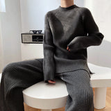 Autumn And Winter Solid Color Round Collar Open Fork Sweater Set Women's Loose Knitting Tops Broad Leg Pants Two Sets HZ1208