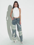 Street Style Hot Lace Spliced Straight Jeans Women's Summer Strap Design Prints Denim Trousers HZ1208