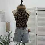 Real Shooting Locomotive Punk Pu Splicing Fishing Net Hanging Neck Sling Vest Babes Wearing Rope Repair Short Blouse 8106 HZ1208