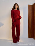 Autumn/Winter 2025 New Soft Model Set Women's Casual Blouse + Broad Legs Christmas Red Two-Sleeve HZ1208