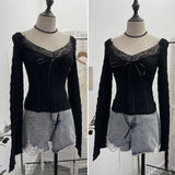 Real Shooting Merard Wind Strapted Bow Splicing Lace Pure Desire Blouse Folding Body Short Blouse 6015 HZ1208