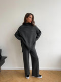 2025 High-Neck Open Fork Wool Sweater Set Women's Loose Casual Lazy Knitting Trousers Two-Piece HZ1208
