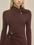 Hot Brown Metallic Button Decoration Knitted Dress High-Necked Long Sleeves Elegant Temperament HZ1208