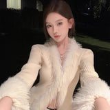 [Monthly Sales Of 100,000] 2025 Hot Girls V Collar Fur Cardigan Top Unique Sexy Short Bottom Shirt To Match Women HZ1208