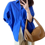 Blue Shirt Women Spring And Autumn 2025 New Design Sense Of Small Solid Casual Folding Long-Sleeved Shirt Coat Top HZ1208