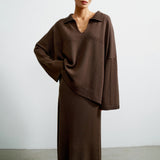 Hot Brown Hollow Knitted Sweater Female Overturned Bat Sleeve Top High Waist Half-Dress Autumn And Winter Languid Wind HZ1208