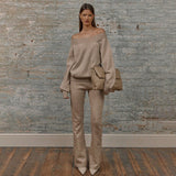 Simple Temperament Famous Woman's Shoulder Solid Color Loose Long-Sleeved Sweater Trousers Set Two Sets Of Women HZ1208