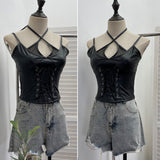 Real Shooting Locomotive Punk Pu Splicing Fishing Net Hanging Neck Sling Vest Babes Wearing Rope Repair Short Blouse 8106 HZ1208