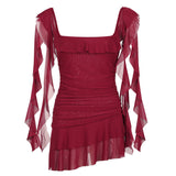 2025 Lotus Leaf Tie With Red Dress Summer Thin Mesh Style Tens Of Thousands Of Folded Belt Hanging Skirts HZ1208