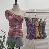 Net Yarn Printed Slanted Shoulder Sling Vest Retro Design Folding Temperament Short Blouse 8009 HZ1208