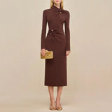 Hot Brown Metallic Button Decoration Knitted Dress High-Necked Long Sleeves Elegant Temperament HZ1208
