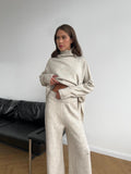 2025 High-Neck Open Fork Wool Sweater Set Women's Loose Casual Lazy Knitting Trousers Two-Piece HZ1208