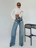 2025 New Cool Trend Splicing Jeans Women High Waist Thin Classic Design Straight Broad Legs HZ1208