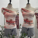 Net Yarn Printed Slanted Shoulder Sling Vest Retro Design Folding Temperament Short Blouse 8009 HZ1208