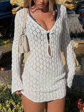 2025 New Knitted Beach Hooded Sexy Hollow Knitted Short Dress Holiday Long-Sleeved Dress HZ1208