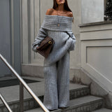 Hot Selling A Word Shoulder Knitted Commuting Set Loose Top Broad Leg Trousers Simple High-Grade Gray Workplace Fashion HZ1208