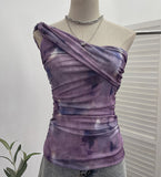 Net Yarn Printed Slanted Shoulder Sling Vest Retro Design Folding Temperament Short Blouse 8009 HZ1208