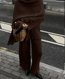 Autumn And Winter Pure Color Round Collar Jersey Sweater Set Of Women's Loose Knitted Sweater Broad Leg Trousers Scarf Three Sets HZ1208