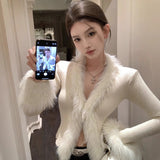 [Monthly Sales Of 100,000] 2025 Hot Girls V Collar Fur Cardigan Top Unique Sexy Short Bottom Shirt To Match Women HZ1208