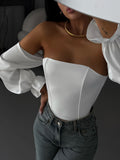 Fashion Sexy Hottie Body Fish Bone Bra Splicing Bubble Sleeve Niche Design Long-Sleeved Corset HZ1208