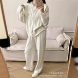 Hot Loose Knitting Suit Women 2025 Autumn And Winter New Round-Neck Cardigan Sweater + Wide Leg Pants HZ1208