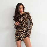 Women's Clothing 2025 Spring High-Rise Round-Neck Long-Sleeved Dress Personality Street Leopard Skirt Fashion HZ1208