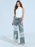 Street Style Hot Lace Spliced Straight Jeans Women's Summer Strap Design Prints Denim Trousers HZ1208