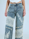 Street Style Hot Lace Spliced Straight Jeans Women's Summer Strap Design Prints Denim Trousers HZ1208