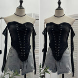 Hottie Sexy Tset Blouse Irregular Cowboy Splicing Mesh Yarn Tie With Short T-Shirt 6105 HZ1208
