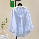 Cotton 2025 Spring And Autumn New Korean Version Of Small Fresh Cardigan Striped Single Pocket Loose Lanky Long Sleeve Shirt Woman HZ1208