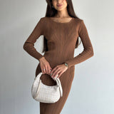 Elegant Wind Solid Color Knitted Dress Female Spring And Autumn Temperament Waist Long Sleeve Long Skirt HZ1208