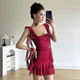 2025 Lotus Leaf Tie With Red Dress Summer Thin Mesh Style Tens Of Thousands Of Folded Belt Hanging Skirts HZ1208