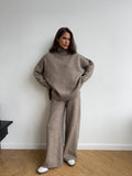 2025 High-Neck Open Fork Wool Sweater Set Women's Loose Casual Lazy Knitting Trousers Two-Piece HZ1208