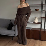 Hot Selling A Word Shoulder Knitted Commuting Set Loose Top Broad Leg Trousers Simple High-Grade Gray Workplace Fashion HZ1208