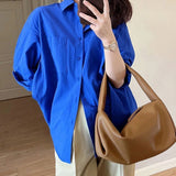 Blue Shirt Women Spring And Autumn 2025 New Design Sense Of Small Solid Casual Folding Long-Sleeved Shirt Coat Top HZ1208
