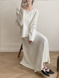 2025 New Lazy Wind Loose Top + Fishtail Dress Set Women's Round Collar Knitting Set Bright HZ1208