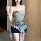 2025 New Summer Tie-Dye Lotus Side Mesh Yarn Irregular Fluttering Thai Mesh Wrap Tector Blouse HZ1208