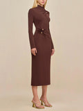 Hot Brown Metallic Button Decoration Knitted Dress High-Necked Long Sleeves Elegant Temperament HZ1208